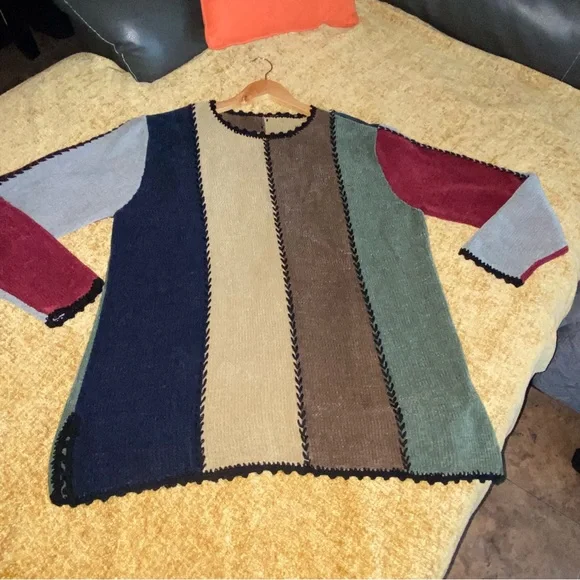 90’s Patchwork Colorblock Vintage Soft Chenille Knit Sweater Size Large - Picture 3 of 17